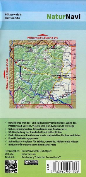 Pfälzerwald 8: Wanderkarte mit Radwegen // Trekking-Plätze 1, 2, 3, 4, 15